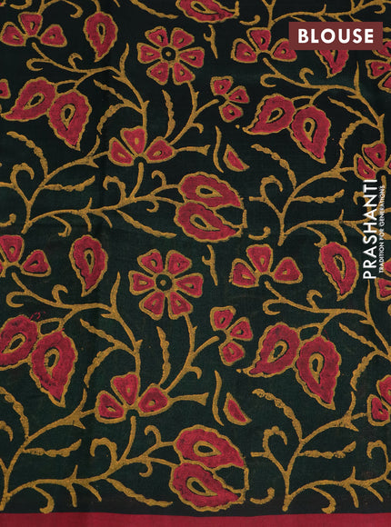 Silk cotton block printed saree dark green and red shade with floral butta prints and printed border