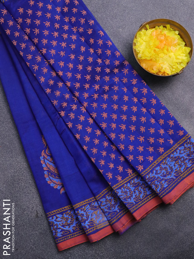 Silk cotton block printed saree blue and orange shade with butta prints and printed border