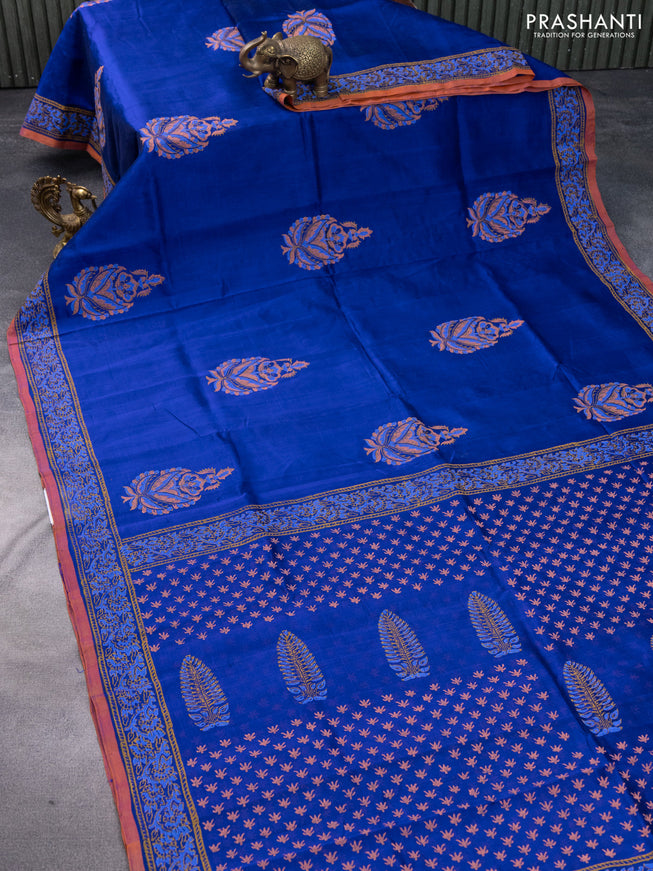 Silk cotton block printed saree blue and orange shade with butta prints and printed border