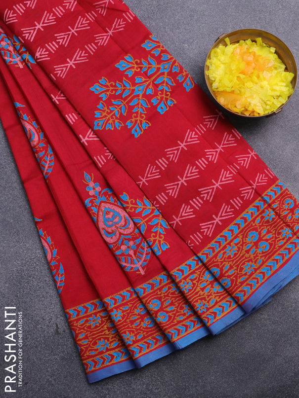 Silk cotton block printed saree red and blue with butta prints and printed border