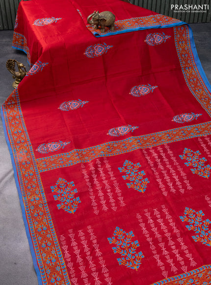 Silk cotton block printed saree red and blue with butta prints and printed border