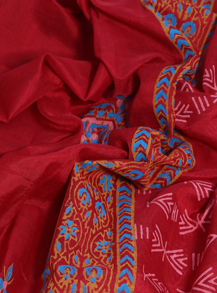 Silk cotton block printed saree red and blue with butta prints and printed border