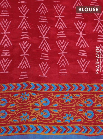 Silk cotton block printed saree red and blue with butta prints and printed border