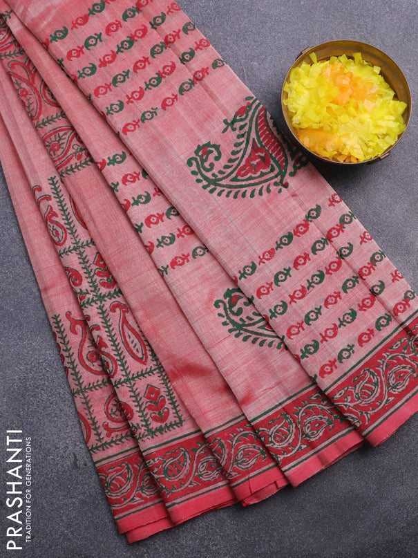 Silk cotton block printed saree red shade with allover prints and printed border