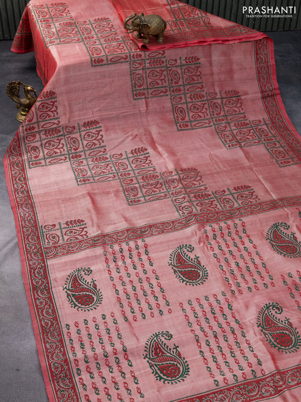 Silk cotton block printed saree red shade with allover prints and printed border