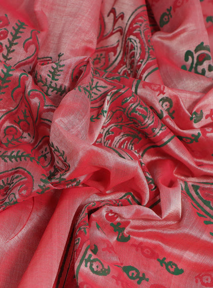 Silk cotton block printed saree red shade with allover prints and printed border