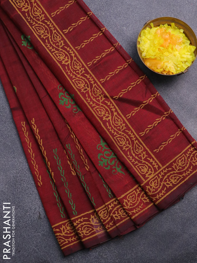 Silk cotton block printed saree deep maroon with butta prints and printed border