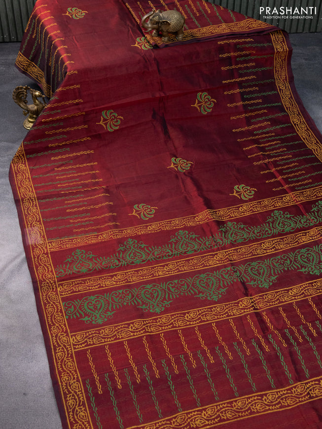 Silk cotton block printed saree deep maroon with butta prints and printed border