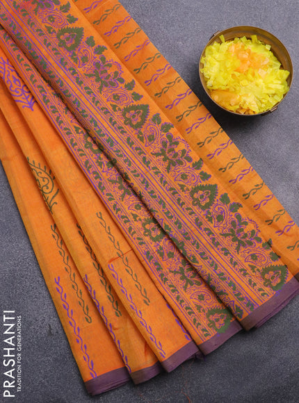 Silk cotton block printed saree orange and violet shade with butta prints and printed border