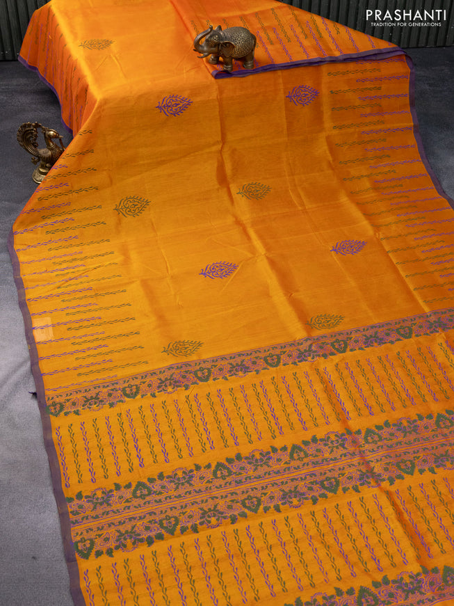 Silk cotton block printed saree orange and violet shade with butta prints and printed border