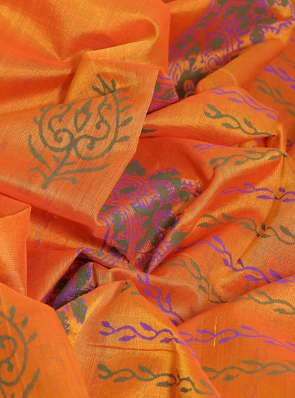 Silk cotton block printed saree orange and violet shade with butta prints and printed border