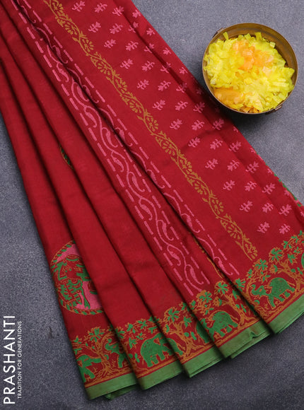 Silk cotton block printed saree maroon and green with butta prints and printed border