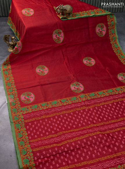 Silk cotton block printed saree maroon and green with butta prints and printed border