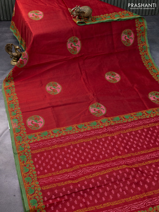 Silk cotton block printed saree maroon and green with butta prints and printed border