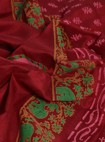 Silk cotton block printed saree maroon and green with butta prints and printed border