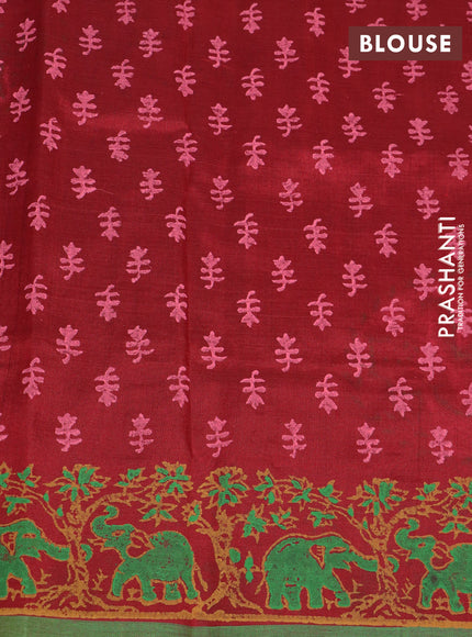 Silk cotton block printed saree maroon and green with butta prints and printed border