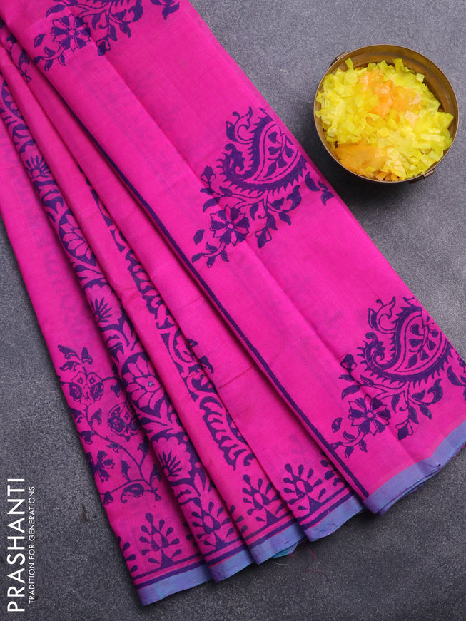 Silk cotton block printed saree pink and dual shade of blue with allover prints and printed border