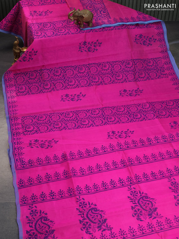 Silk cotton block printed saree pink and dual shade of blue with allover prints and printed border