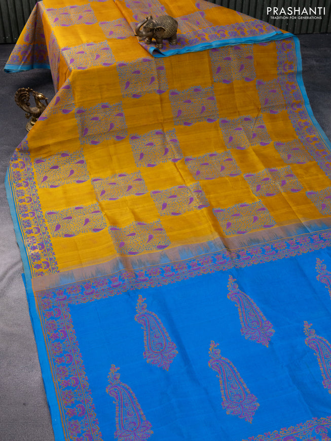 Silk cotton block printed saree mustard yellow and light blue with allover butta prints and printed border