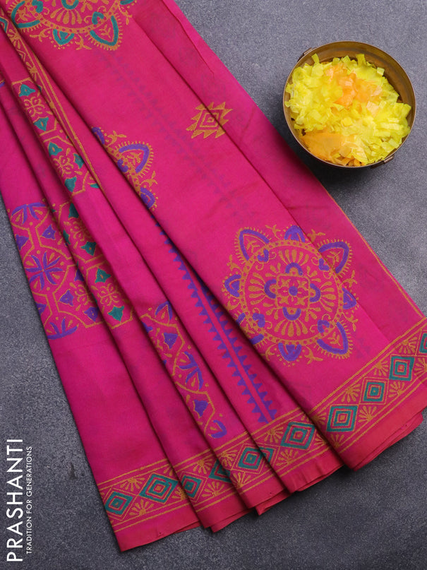 Silk cotton block printed saree pink with allover box type butta prints and printed border