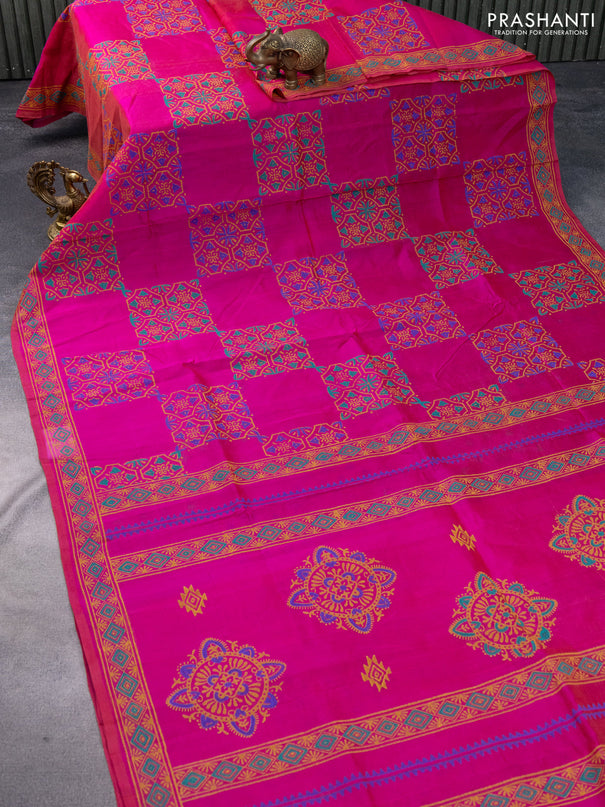 Silk cotton block printed saree pink with allover box type butta prints and printed border