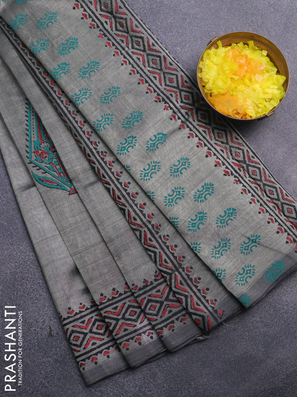 Silk cotton block printed saree grey with butta prints and printed border