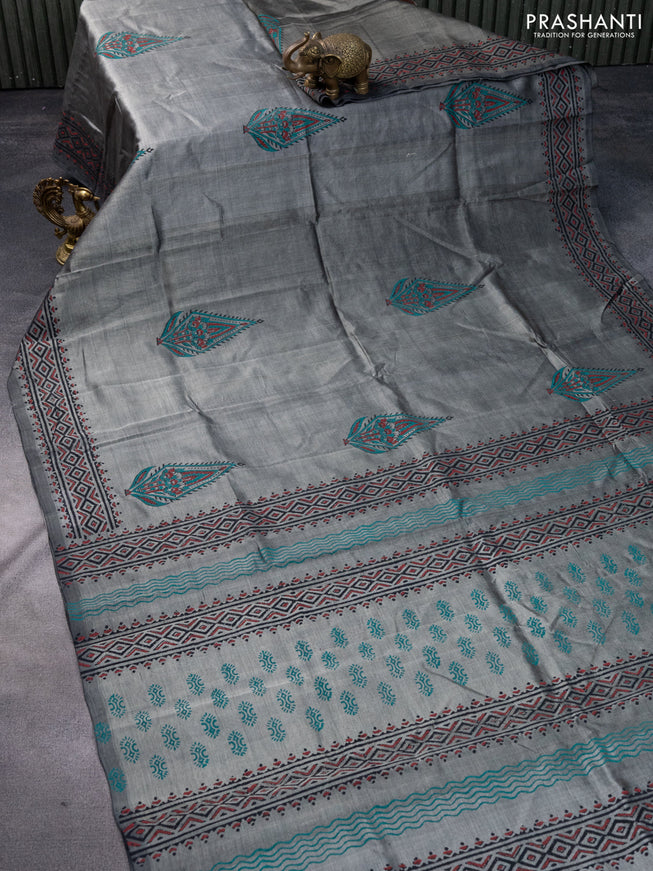 Silk cotton block printed saree grey with butta prints and printed border