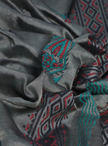 Silk cotton block printed saree grey with butta prints and printed border