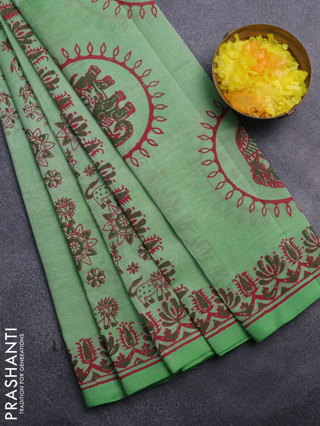 Silk cotton block printed saree green with allover box type butta prints and printed border