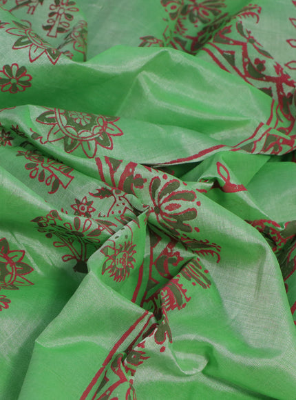 Silk cotton block printed saree green with allover box type butta prints and printed border