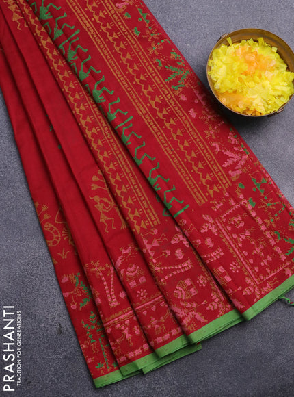 Silk cotton block printed saree maroon and green with warli butta prints and printed border