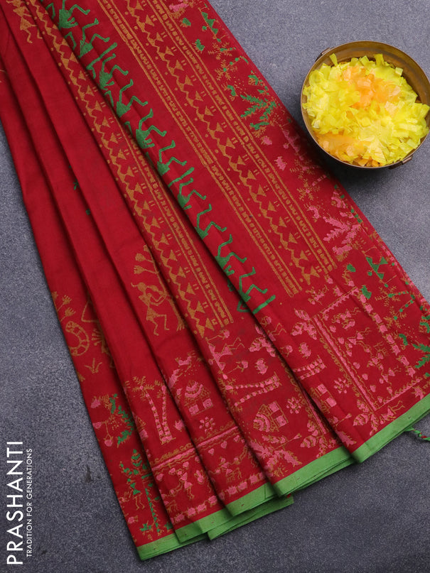 Silk cotton block printed saree maroon and green with warli butta prints and printed border