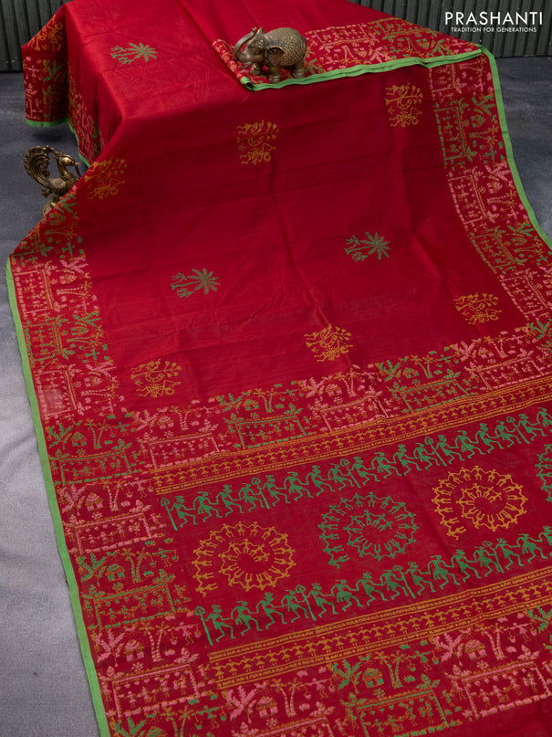 Silk cotton block printed saree maroon and green with warli butta prints and printed border