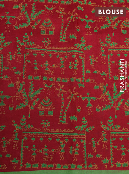 Silk cotton block printed saree maroon and green with warli butta prints and printed border