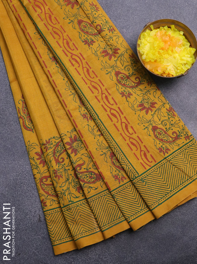 Silk cotton block printed saree mustard yellow with butta prints and printed border