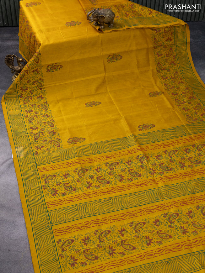 Silk cotton block printed saree mustard yellow with butta prints and printed border