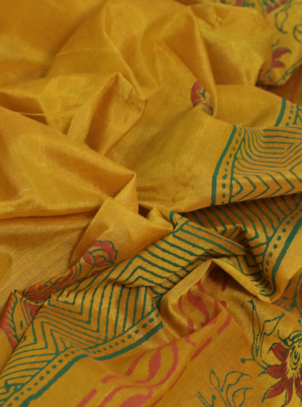 Silk cotton block printed saree mustard yellow with butta prints and printed border