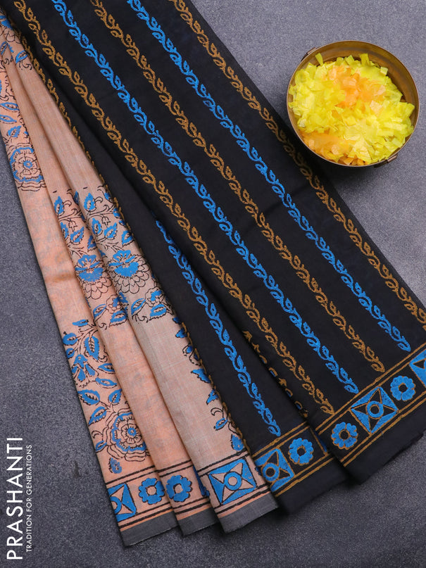 Silk cotton block printed saree peach shade and black with allover box type butta prints and printed border