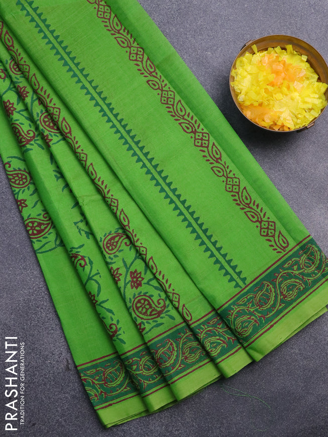 Silk cotton block printed saree parrot green with allover box type butta prints and printed border