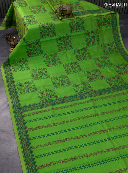 Silk cotton block printed saree parrot green with allover box type butta prints and printed border