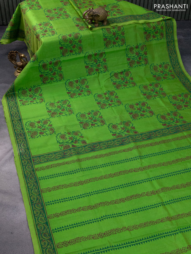 Silk cotton block printed saree parrot green with allover box type butta prints and printed border