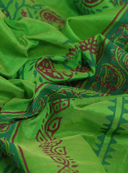 Silk cotton block printed saree parrot green with allover box type butta prints and printed border