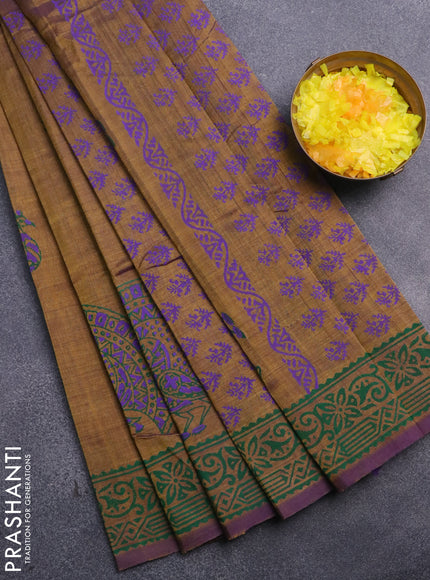 Silk cotton block printed saree dark mehendi green and violet with butta prints and printed border