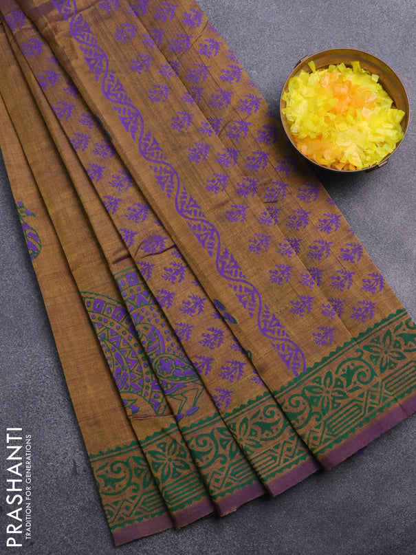 Silk cotton block printed saree dark mehendi green and violet with butta prints and printed border