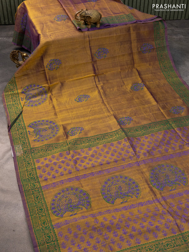 Silk cotton block printed saree dark mehendi green and violet with butta prints and printed border