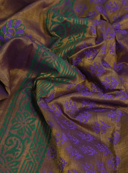 Silk cotton block printed saree dark mehendi green and violet with butta prints and printed border