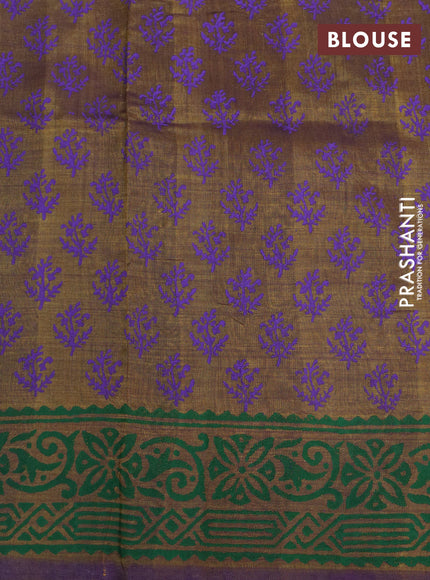 Silk cotton block printed saree dark mehendi green and violet with butta prints and printed border