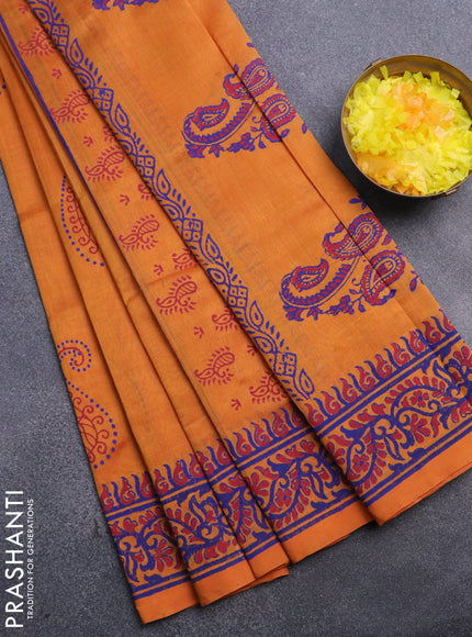 Silk cotton block printed saree orange with butta prints and printed border