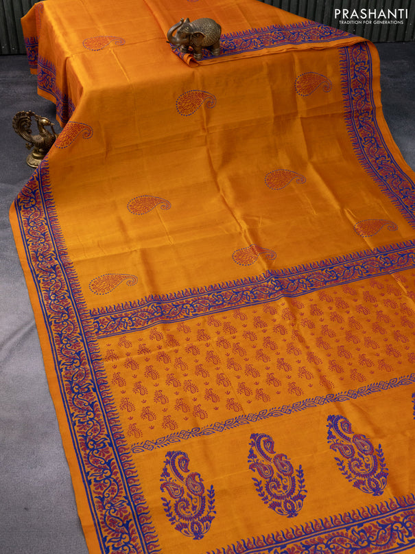 Silk cotton block printed saree orange with butta prints and printed border