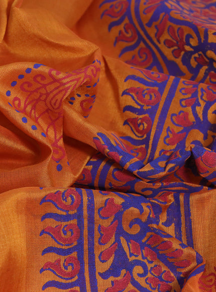 Silk cotton block printed saree orange with butta prints and printed border